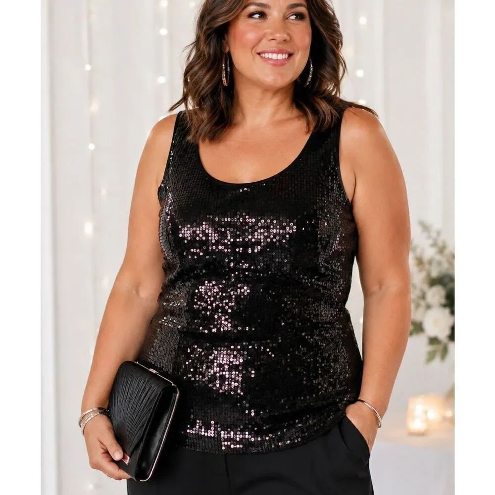 Lane Bryant Black Sequin Tank Top Shell Stretch Women’s 14/16